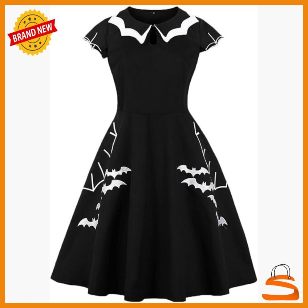 Fit & Flare Cocktail Dress with Bat Spider Web Embroidery